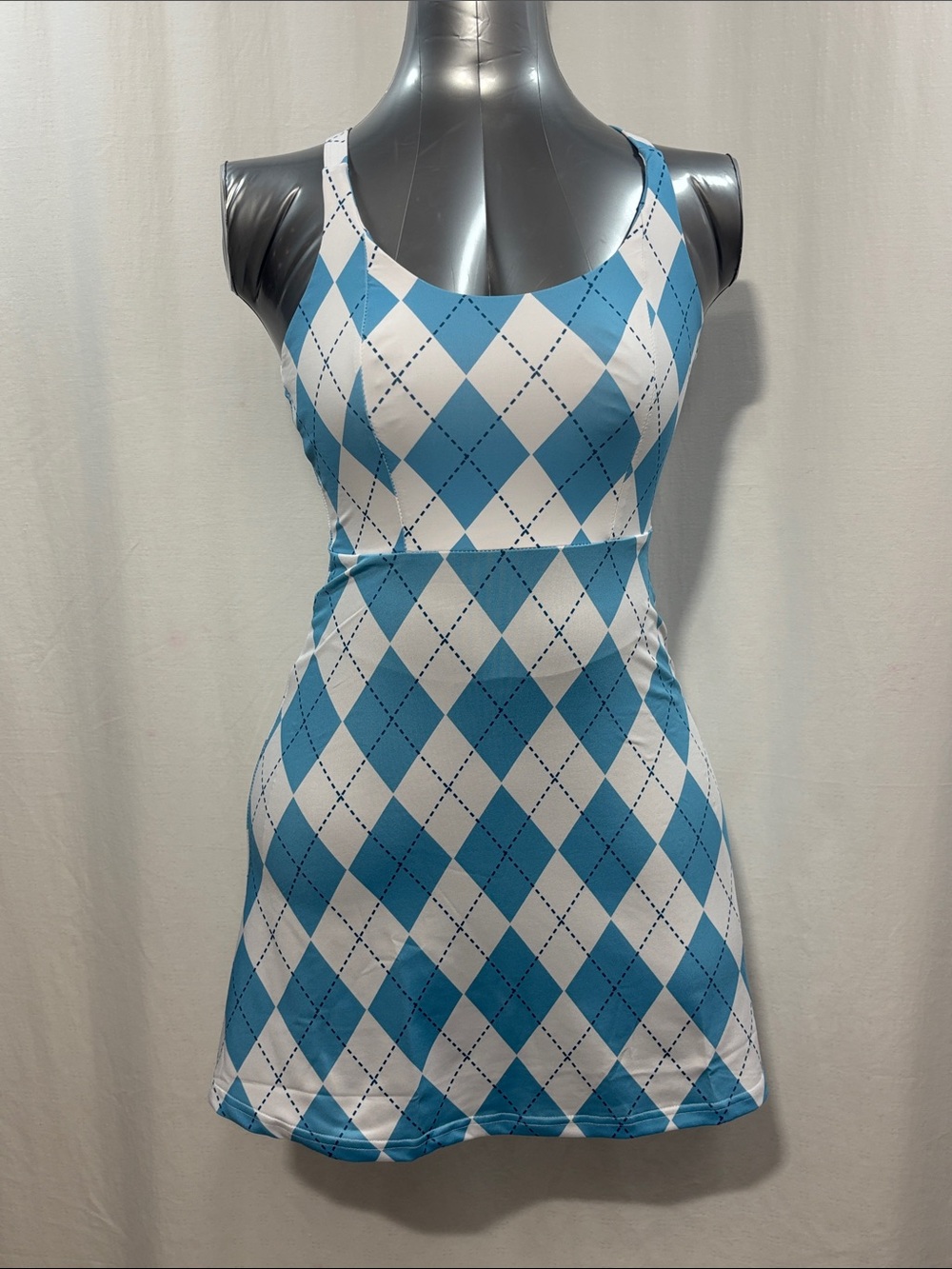 GGOV Trendy Performance Gear Blue and White Argyle Tank Dress - Women's Tennis